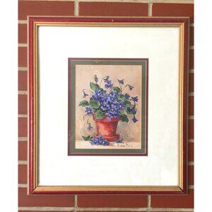 Barbara Mock Print Matted Rustic Distressed Framed Purple Violets Floral Flowers